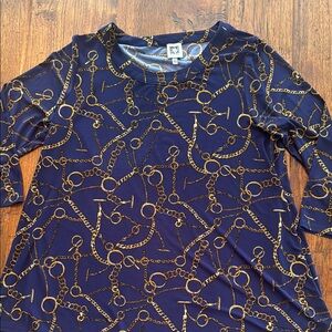 Anne Klein Navy Top Gold Chain Design Easy Pullover 3/4 Sleeves Luxury Pattern